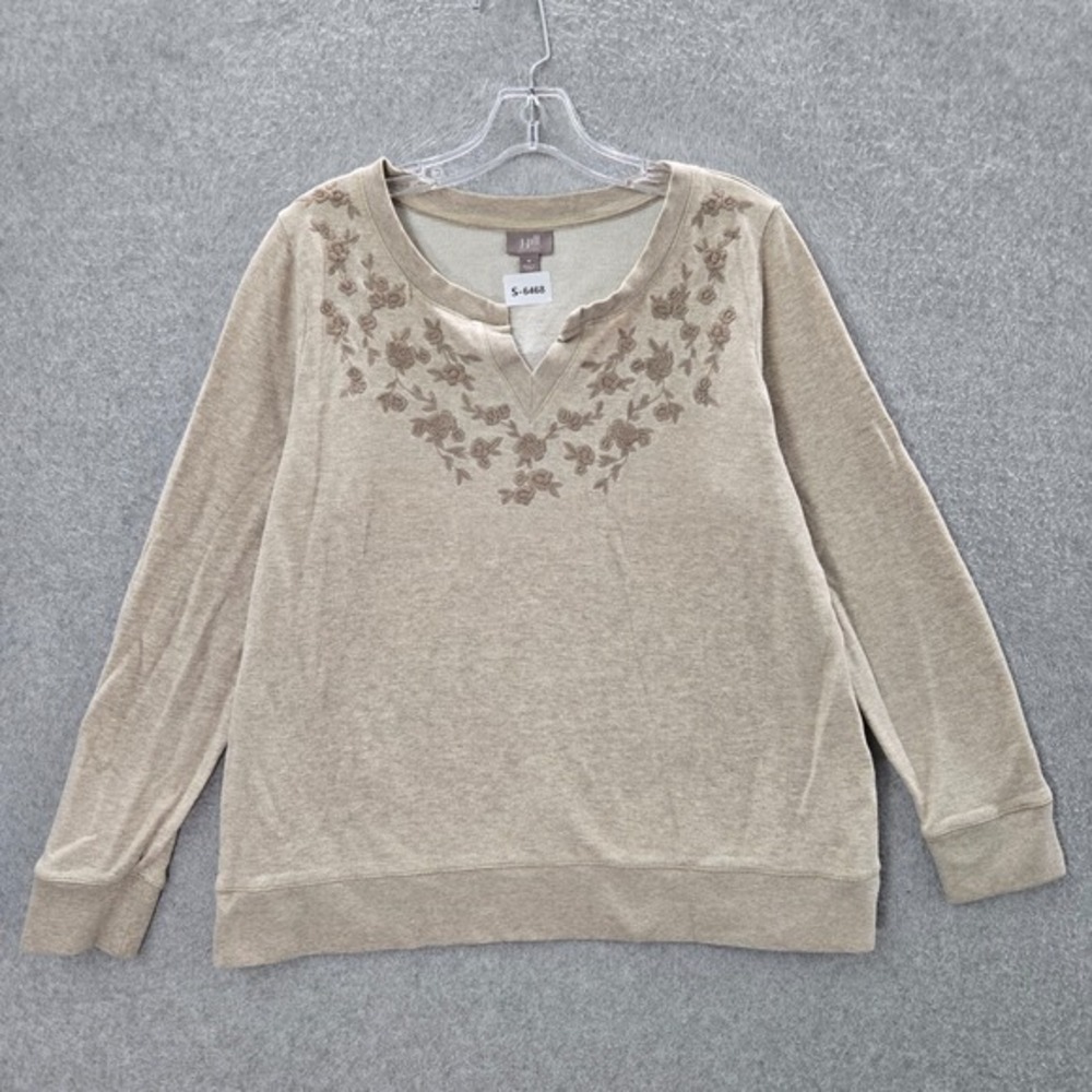 J Jill Women Sweater‎ Medium Brown Terry Floral Embroidered Long Sleeve V Neck